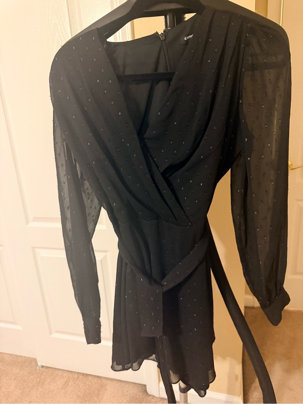 Express Black Long-Sleeve Wrap Mini Dress with Subtle Sparkle